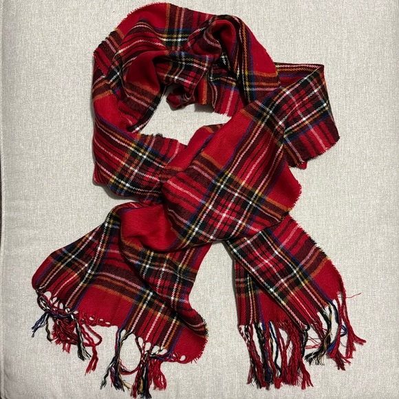 Gently Used Scarf-Gorgeous Red/Blue/Black Plaid-Twisted Fringe-12x65 - Picture 1 of 13